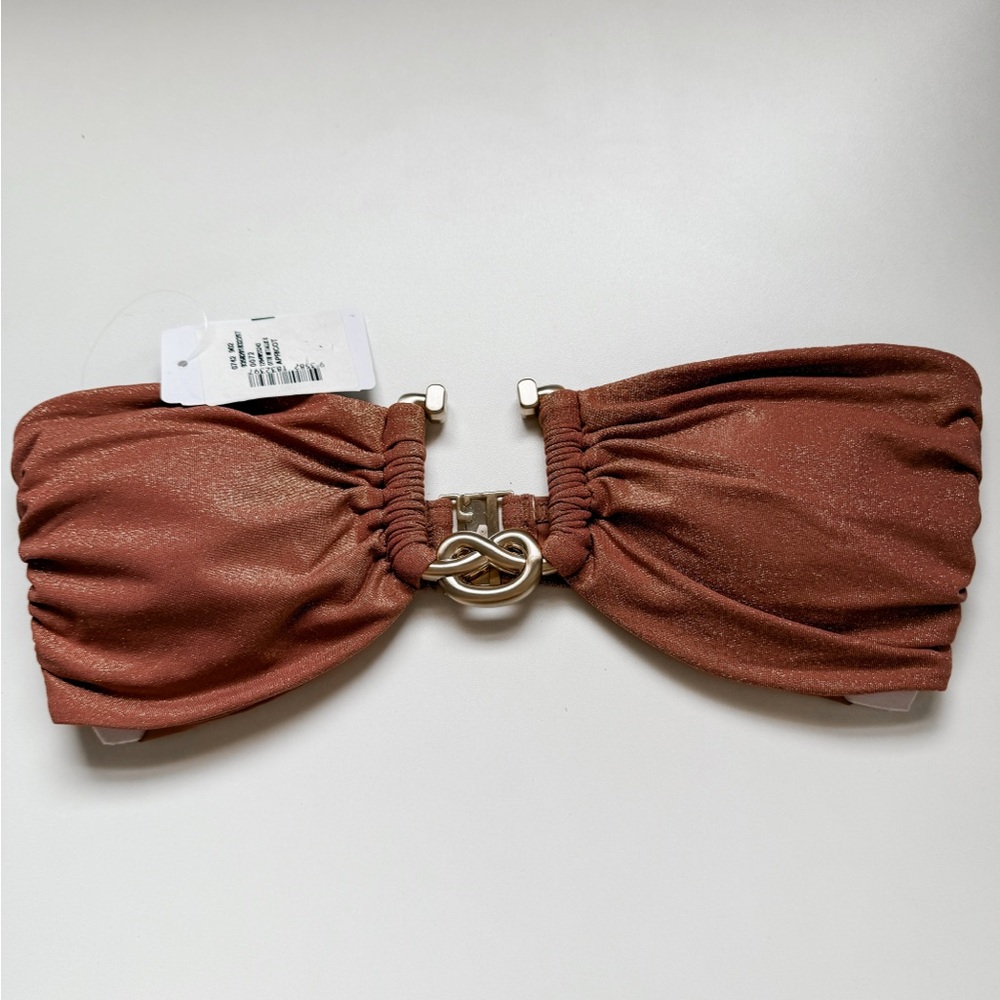 Zimmermann Ottie Lurex Knot Trim Bikini Top in Apricot - Picture 4 of 10